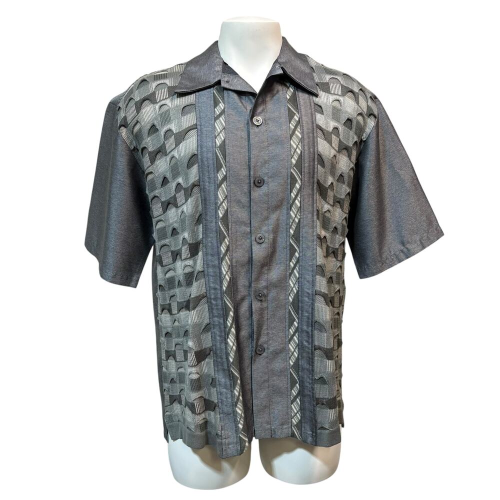 Michael Irvin 88 Shirt Sz M Silver Silk Blend Button Up Textured Geometric Retro